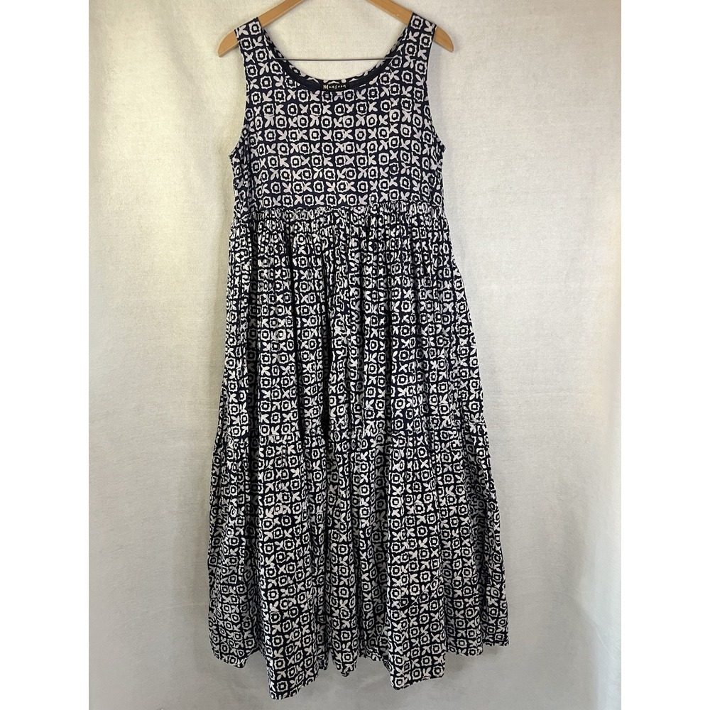 Monsoon Maxi‎ Dress Sz 14 Navy Blue And White Bohemian Feminine Whimsical Cotton